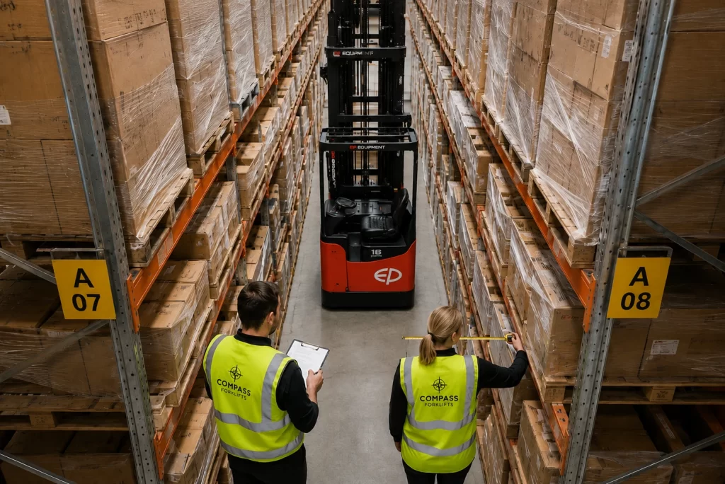 Compass Forklifts team assessing a narrow warehouse aisle with EP Equipment forklift access.
