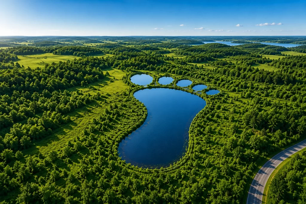 Footprint-shaped lake representing Compass Forklifts’ lower-impact equipment approach.
