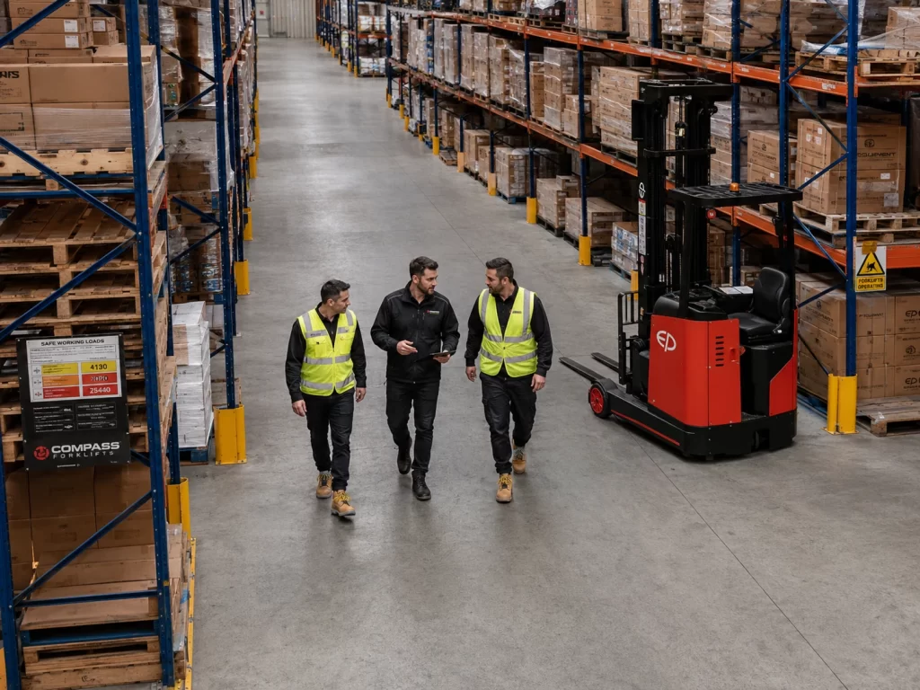 High-angle view of Compass Forklifts staff assessing warehouse racking and forklift access during a site capacity audit.