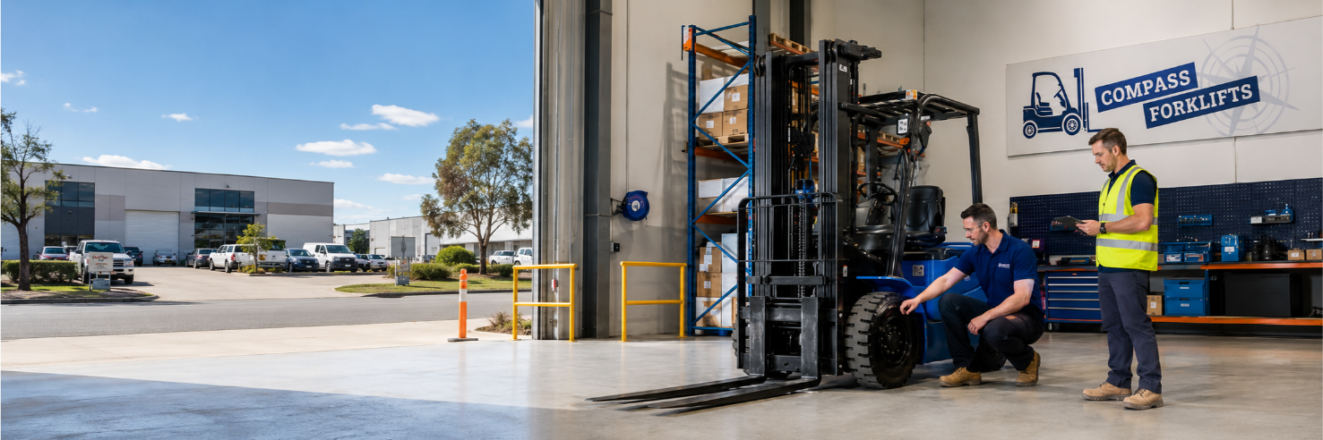 forklift truck undergoing routine servicing in a Perth warehouse