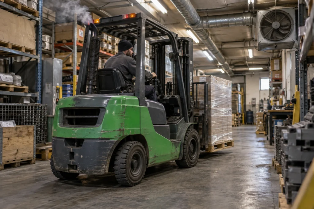Diesel forklift working inside a ventilated warehouse while transporting palletised stock.