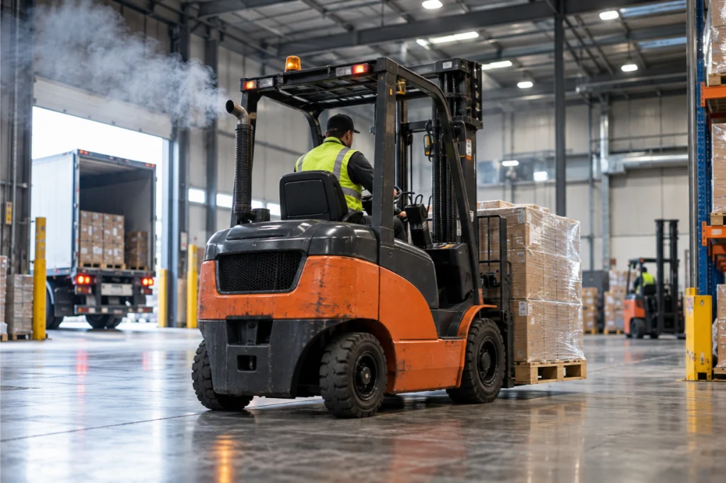 Diesel forklift carrying a pallet inside a Perth warehouse with visible exhaust emissions.