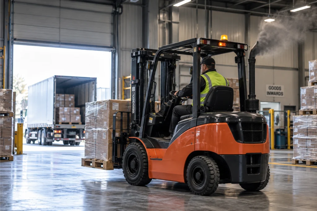 Diesel forklift operating indoors beside an open loading dock with a palletised load.