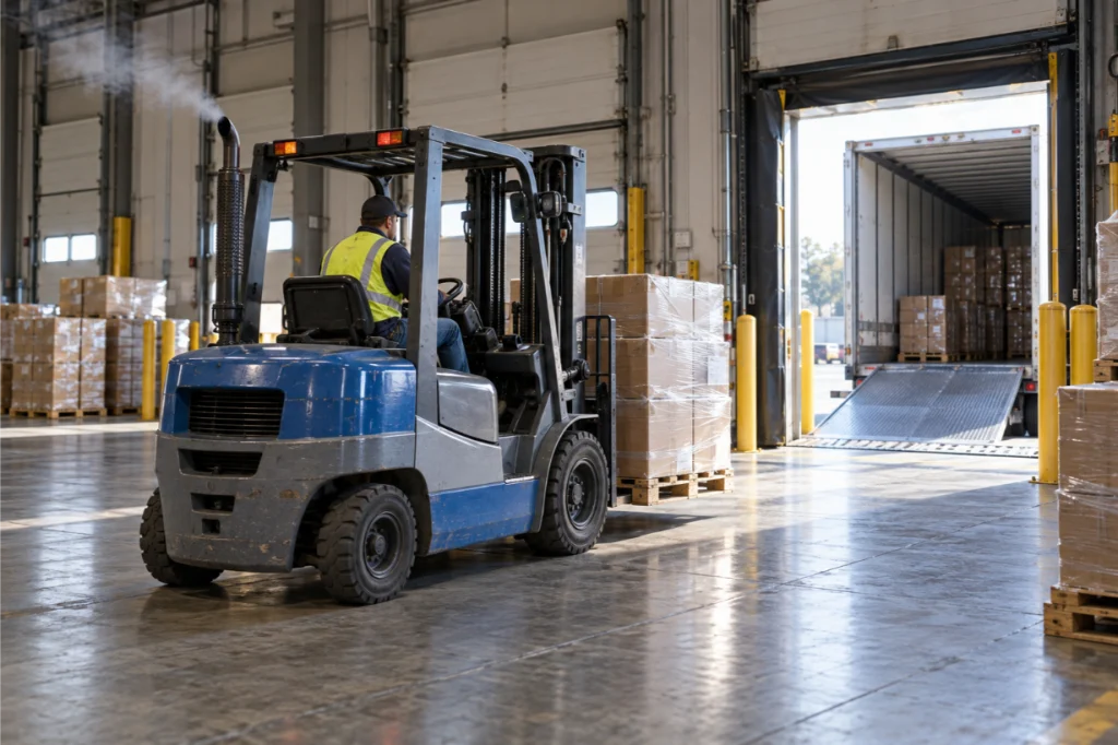 Diesel forklift moving goods through an enclosed warehouse with exhaust visible near the machine.
