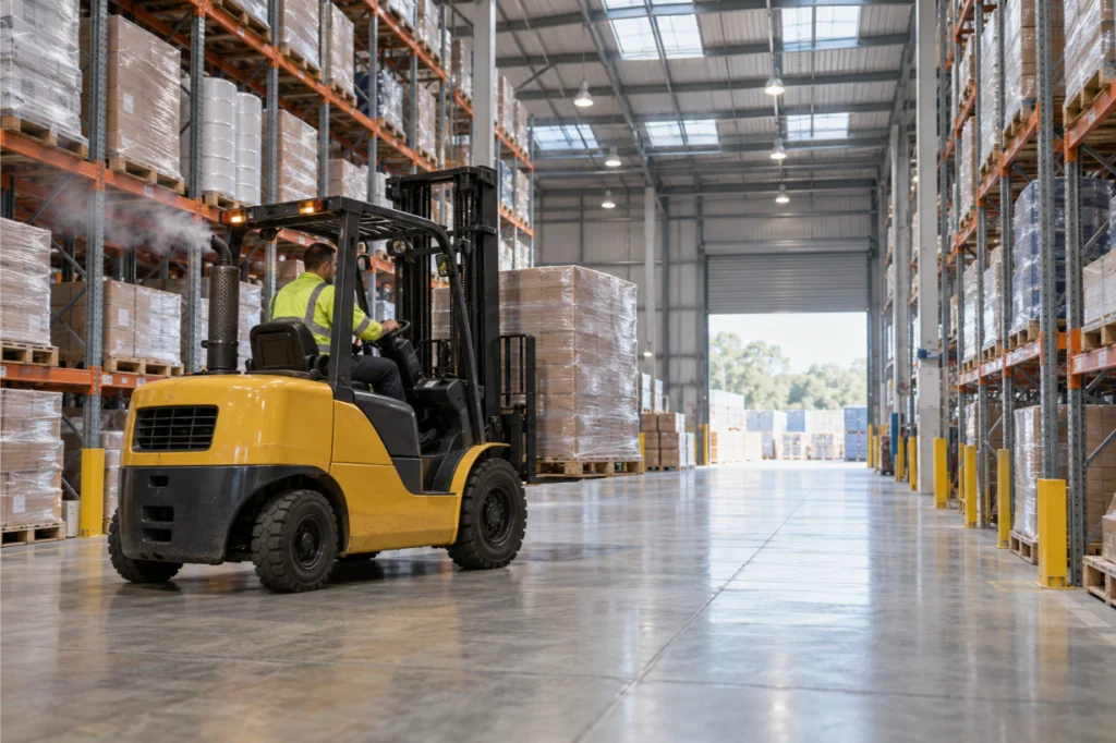 Diesel forklift operating indoors with visible exhaust while workers handle warehouse freight nearby.
